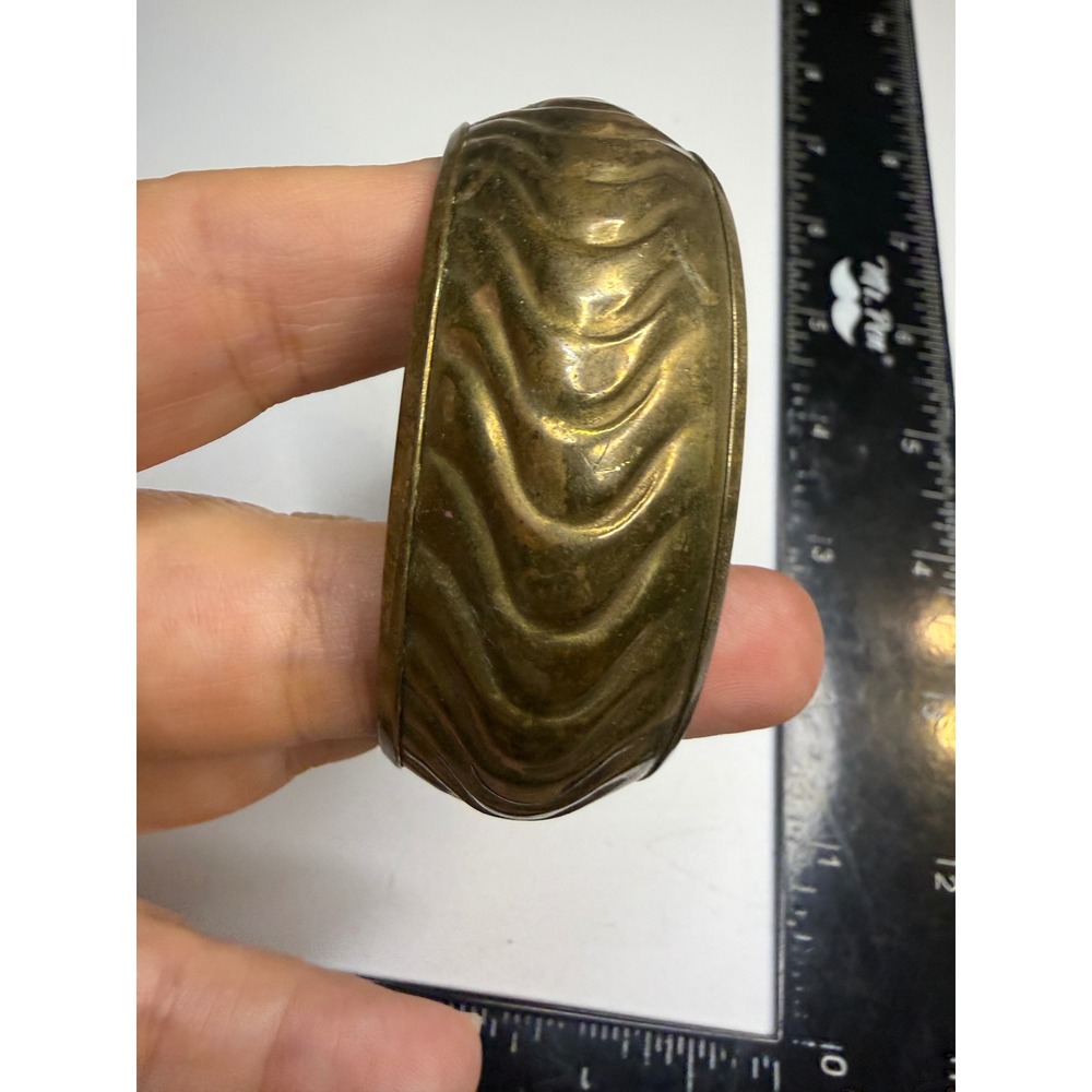 Vintage Brass Bangle Bracelet Embossed Chevron Wave Pattern Wide Cuff Gold Tone